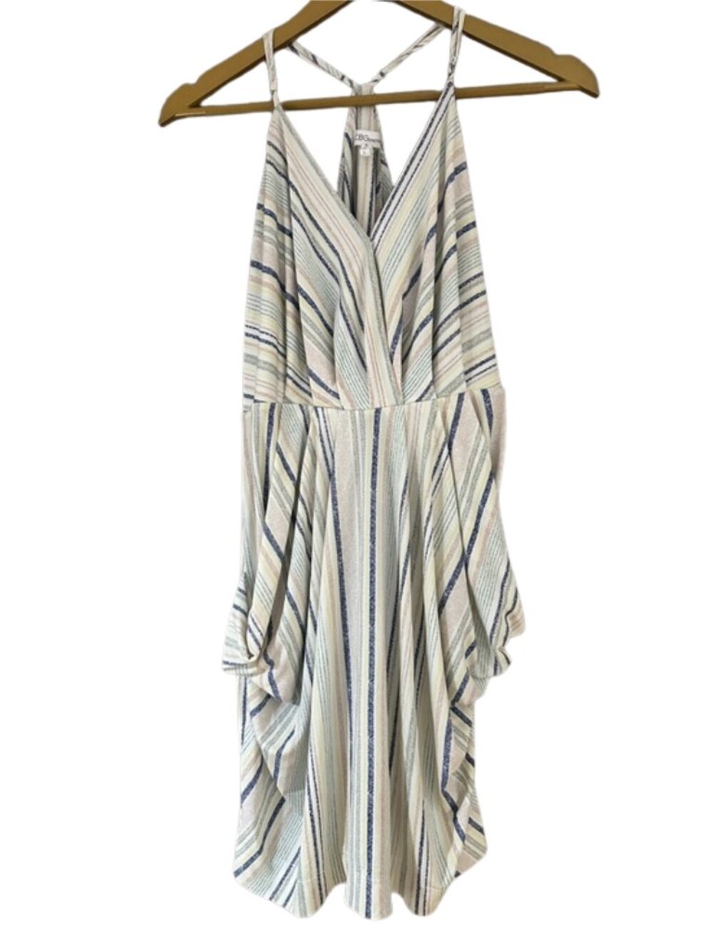 BCBGeneration Striped V-Neck Mini Dress Strappy Back Pockets Flowy